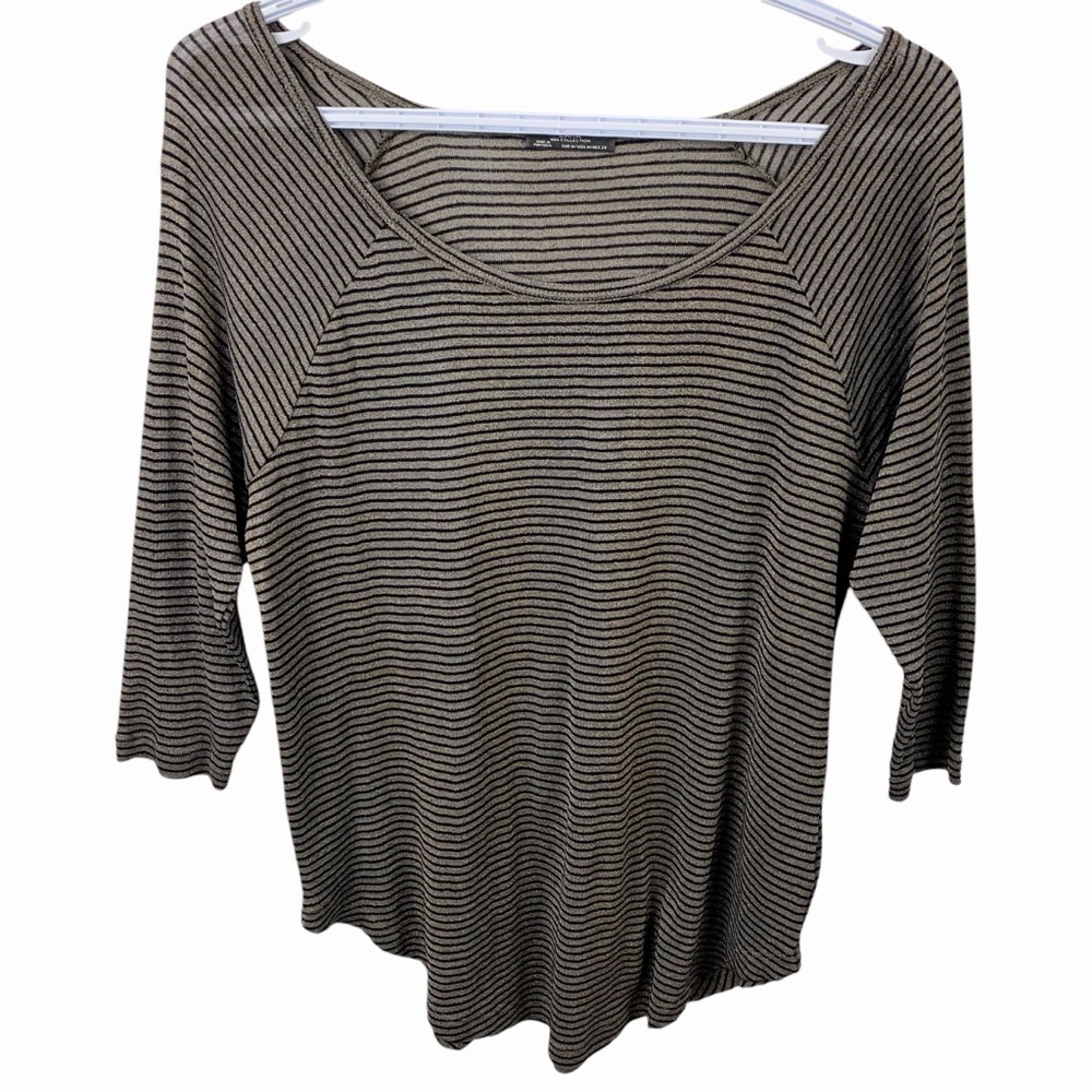 Zara Bronze Black Metallic Striped Scoop Neck Tee 3/4 Sleeve Fitted Top Womens M